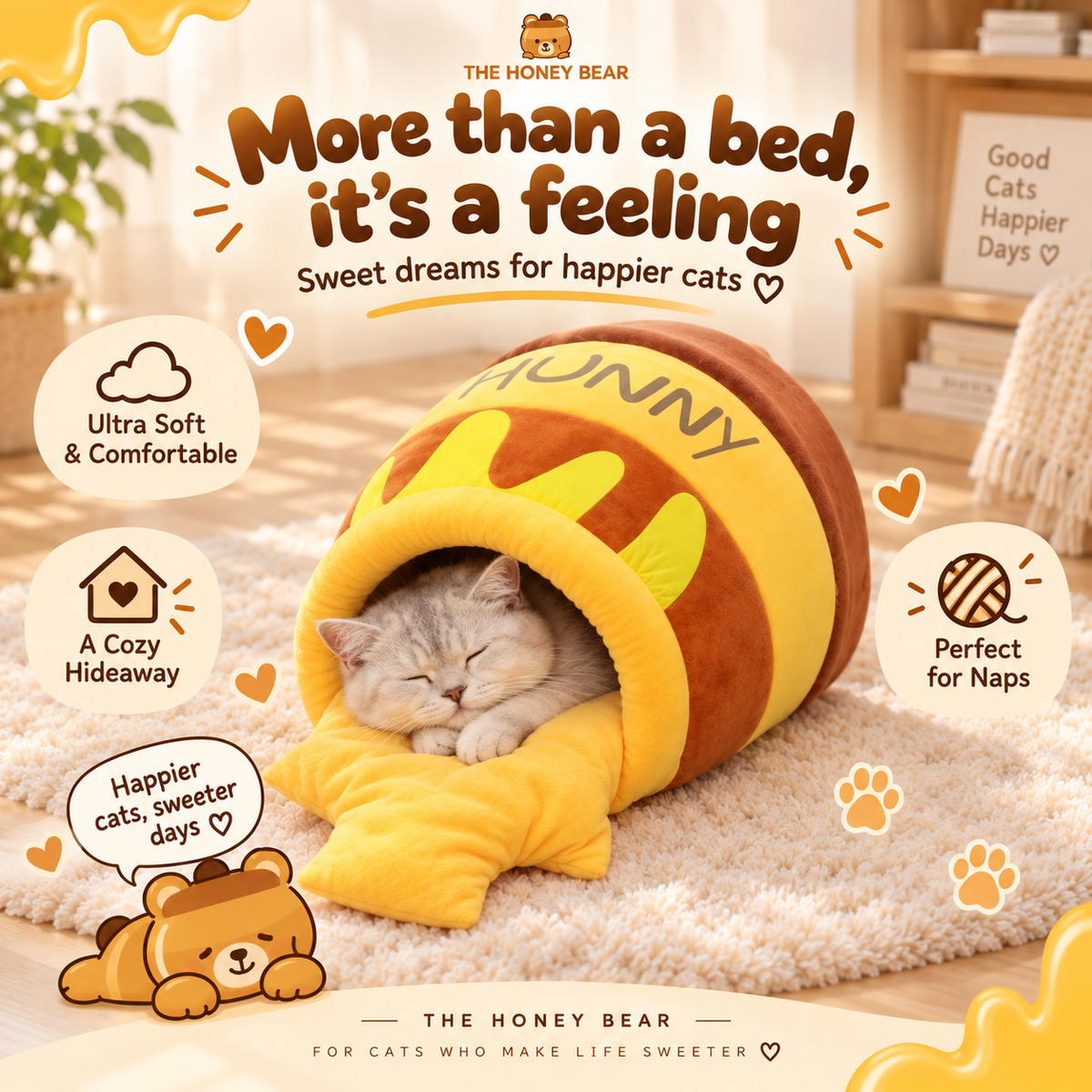 Honey Pot Cat Nest — cozy sleeping cat lifestyle image