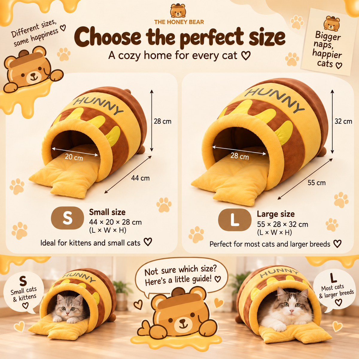 Honey Pot Cat Nest — Small and Large size guide with The Honey Bear mascot