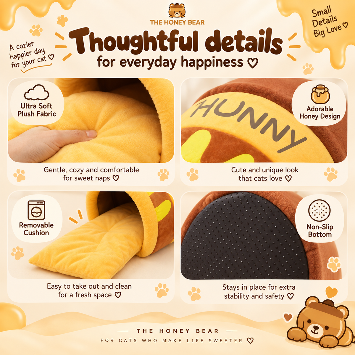 Honey Pot Cat Nest — plush fabric, removable cushion and non-slip details